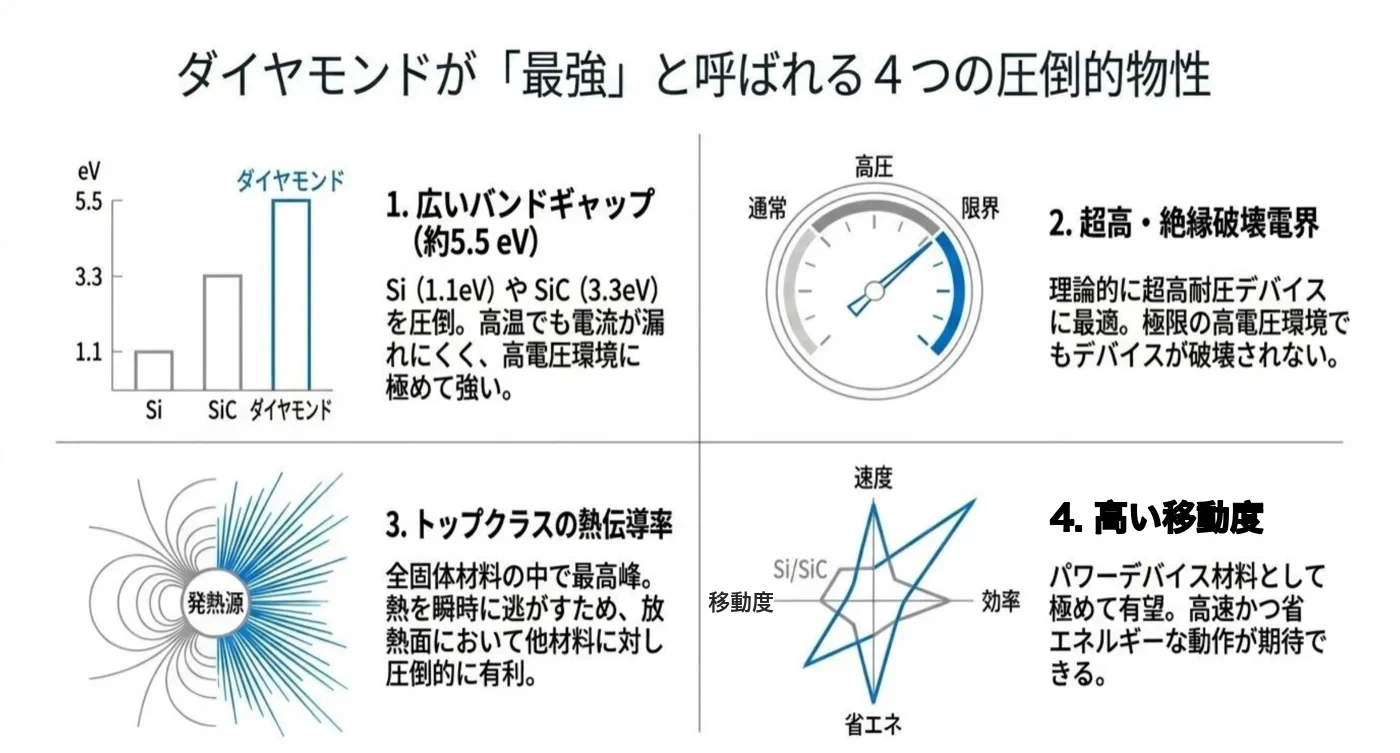 ダイヤモンドが最強と呼ばれる4つの圧倒的物性。広いバンドギャップ約5.5eV、超高絶縁破壊電界、トップクラスの熱伝導率、高い移動度