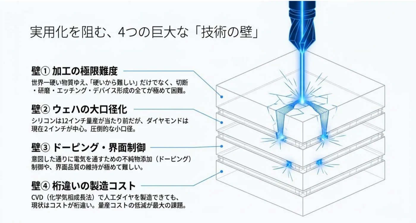 実用化を阻む4つの巨大な技術の壁。加工の極限難度、ウェハの大口径化、ドーピング・界面制御、桁違いの製造コスト