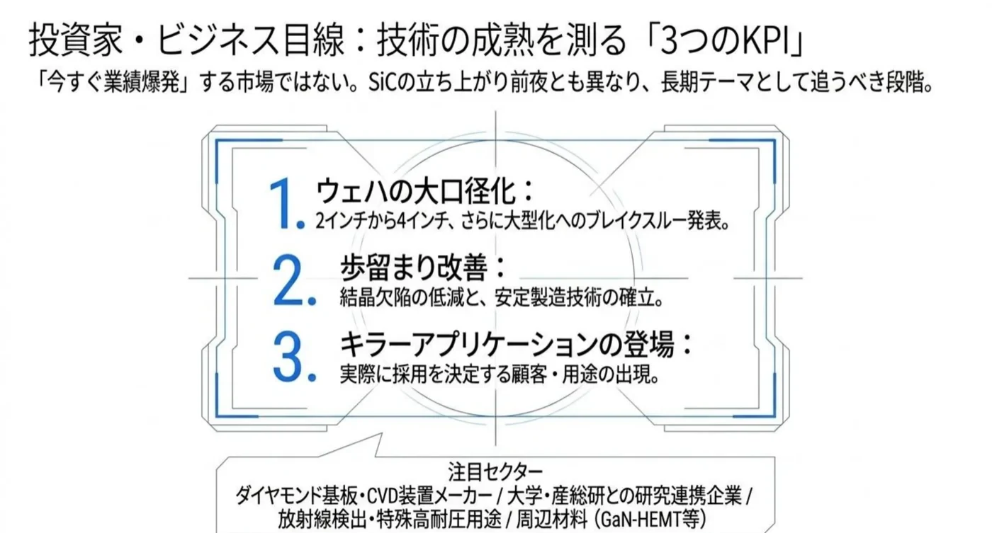 投資家・ビジネス目線で技術の成熟を測る3つのKPI。ウェハの大口径化、歩留まり改善、キラーアプリケーションの登場