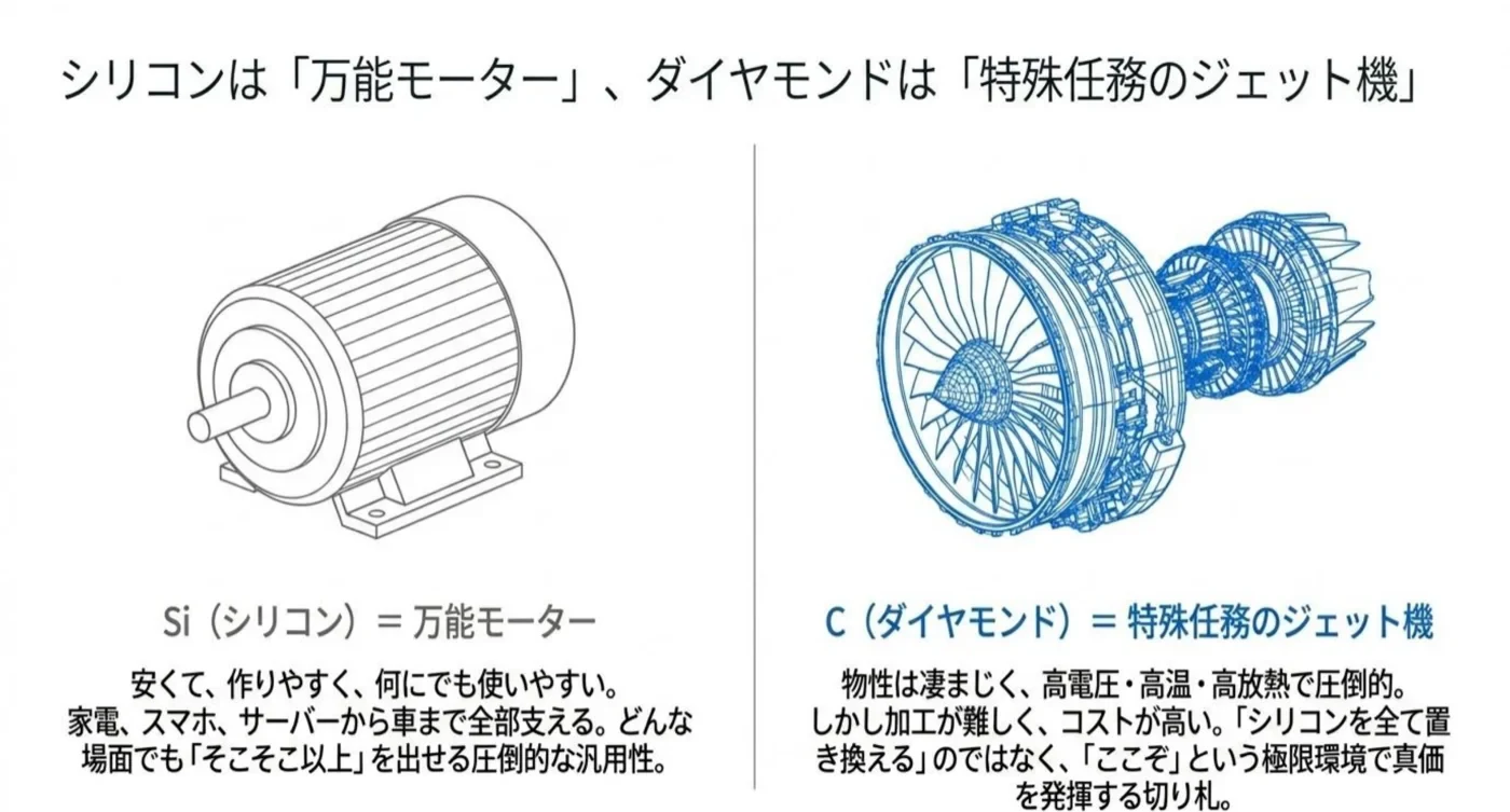 シリコンは万能モーター、ダイヤモンドは特殊任務のジェット機というたとえ図