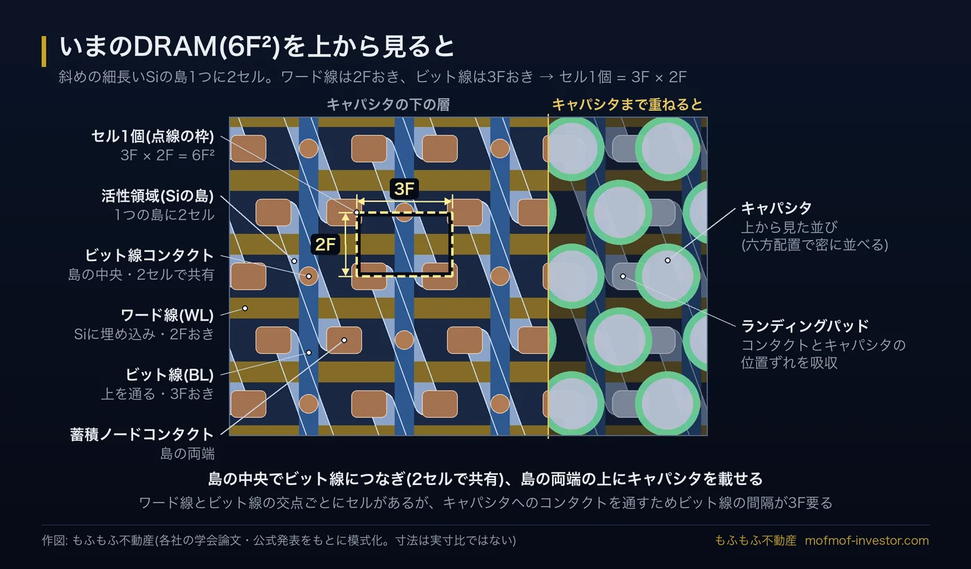 6F² DRAMの上面図。横に埋め込みワード線(2Fおき)、縦にビット線(3Fおき)が走り、斜めの細長い活性領域の中央にビット線コンタクト(2セルで共有)、両端に蓄積ノードコンタクトとランディングパッド、その上にキャパシタが六方配置で並ぶ。1セル3F×2Fの枠を強調