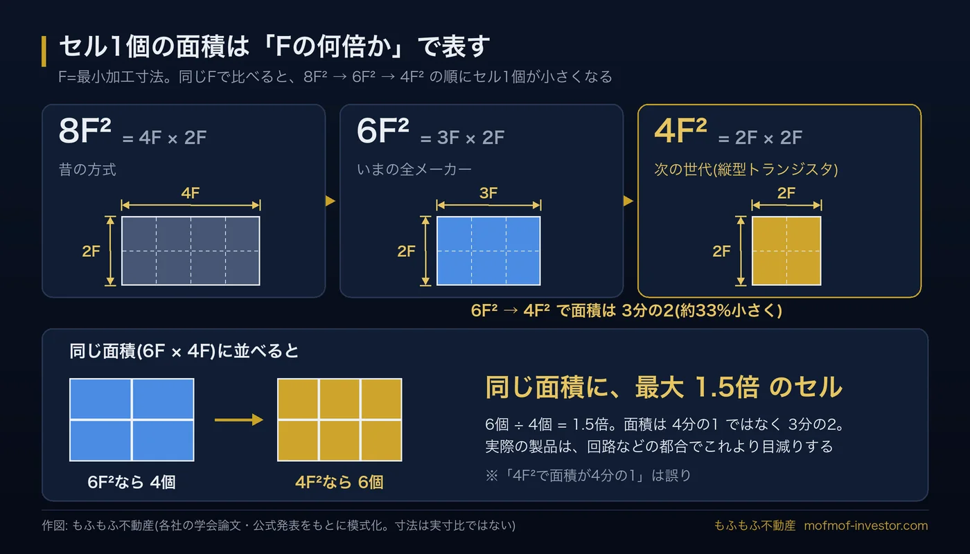 同じFで8F²(4F×2F)、6F²(3F×2F)、4F²(2F×2F)のセルの大きさを並べた比較図。6F²から4F²で面積は3分の2(約33%縮小)、同じ面積に最大1.5倍のセルが入る。4分の1ではないと注記