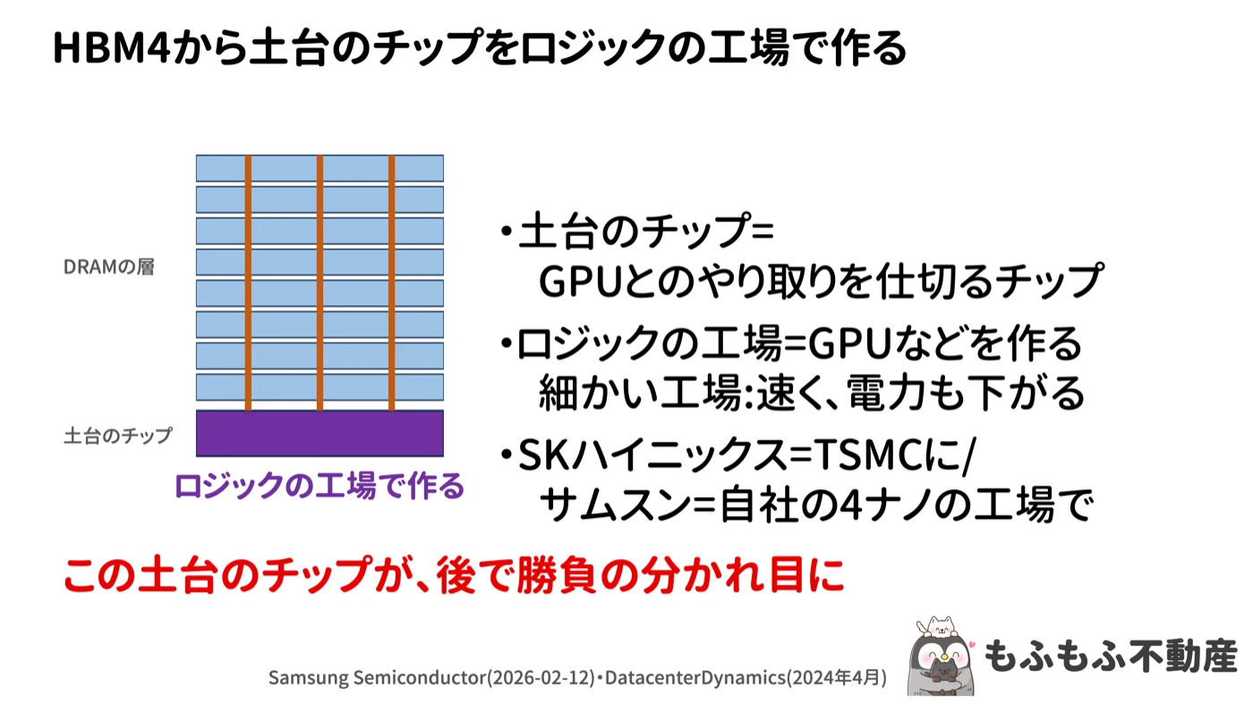 HBM4から土台のチップをロジックの工場で作るという図。DRAMの層の下にある土台のチップだけが紫色で、ロジックの工場で作る。SK hynixはTSMCに、サムスンは自社の4ナノの工場で