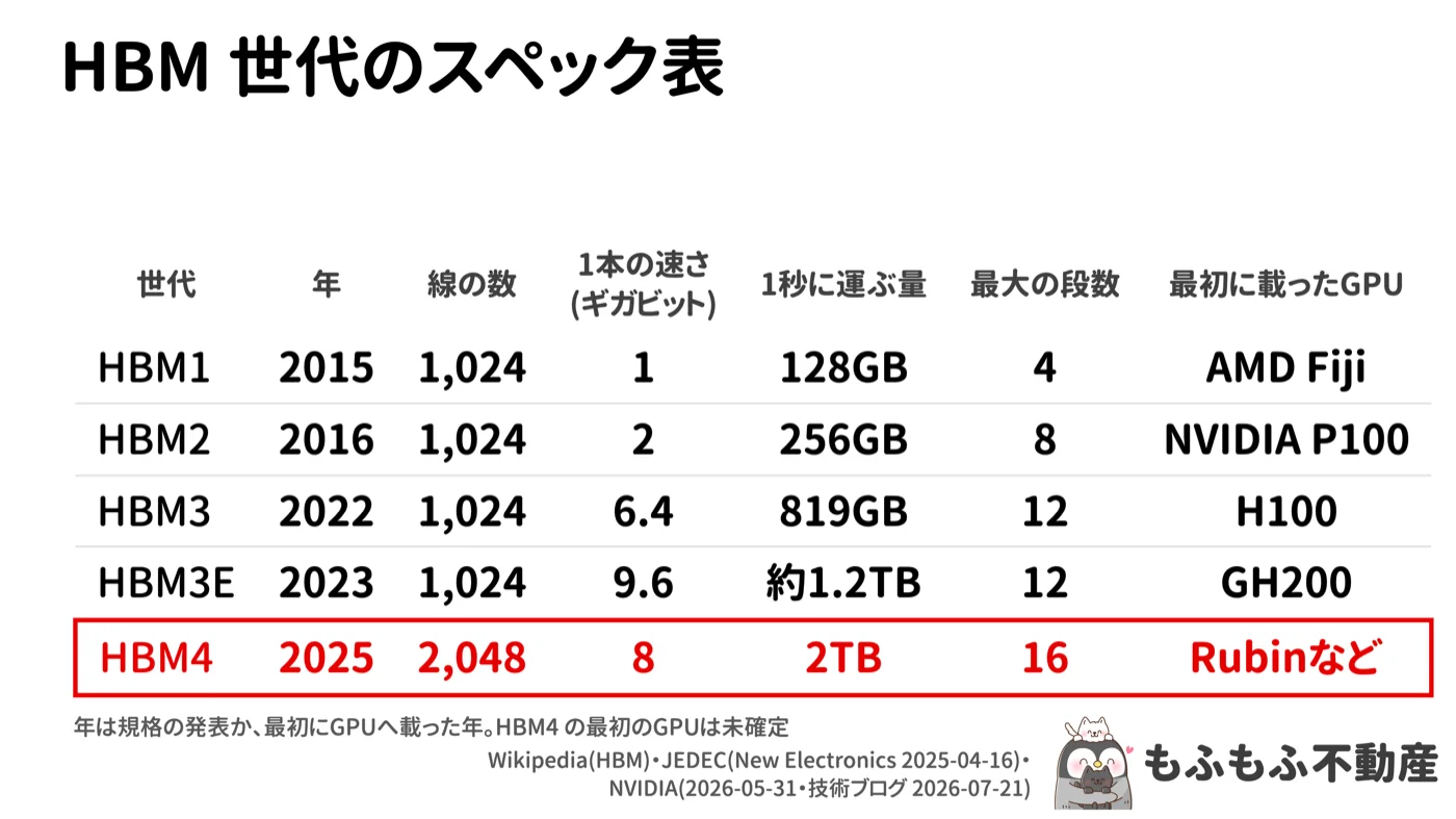 HBM世代のスペック表。HBM1(2015年)線1,024本・1本1ギガビット・1秒に128GB・最大4段・AMD Fiji。HBM2(2016年)1,024本・2ギガビット・256GB・8段・NVIDIA P100。HBM3(2022年)1,024本・6.4ギガビット・819GB・12段・H100。HBM3E(2023年)1,024本・9.6ギガビット・約1.2TB・12段・GH200。HBM4(2025年)2,048本・8ギガビット・2TB・16段・Rubinなど