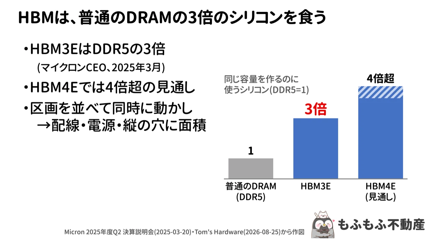 HBMは普通のDRAMの3倍のシリコンを食うという縦棒グラフ。同じ容量を作るのに使うシリコンは、普通のDRAM(DDR5)を1とするとHBM3Eは3倍、HBM4Eは4倍超の見通し