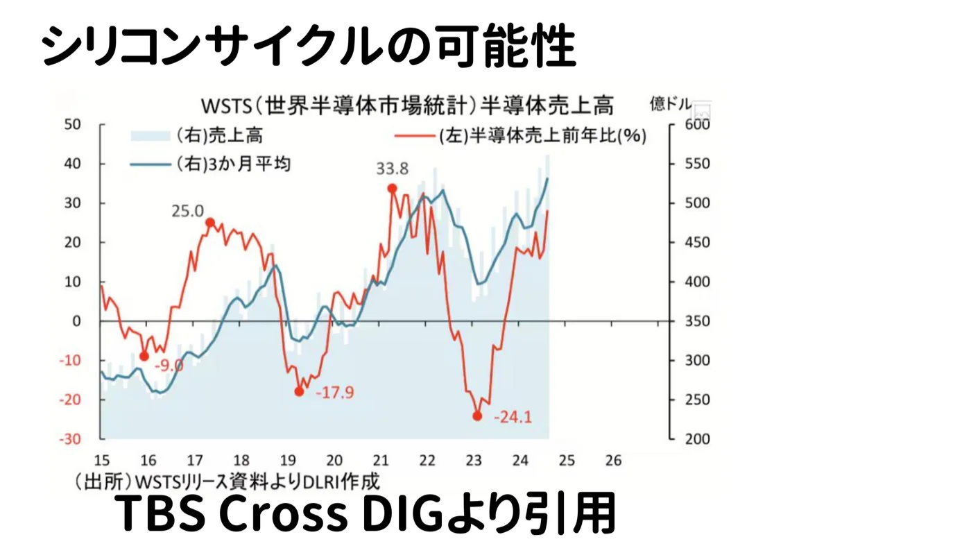 シリコンサイクルの可能性を示すグラフ。世界半導体市場の成長率がプラスとマイナスを周期的に繰り返してきた