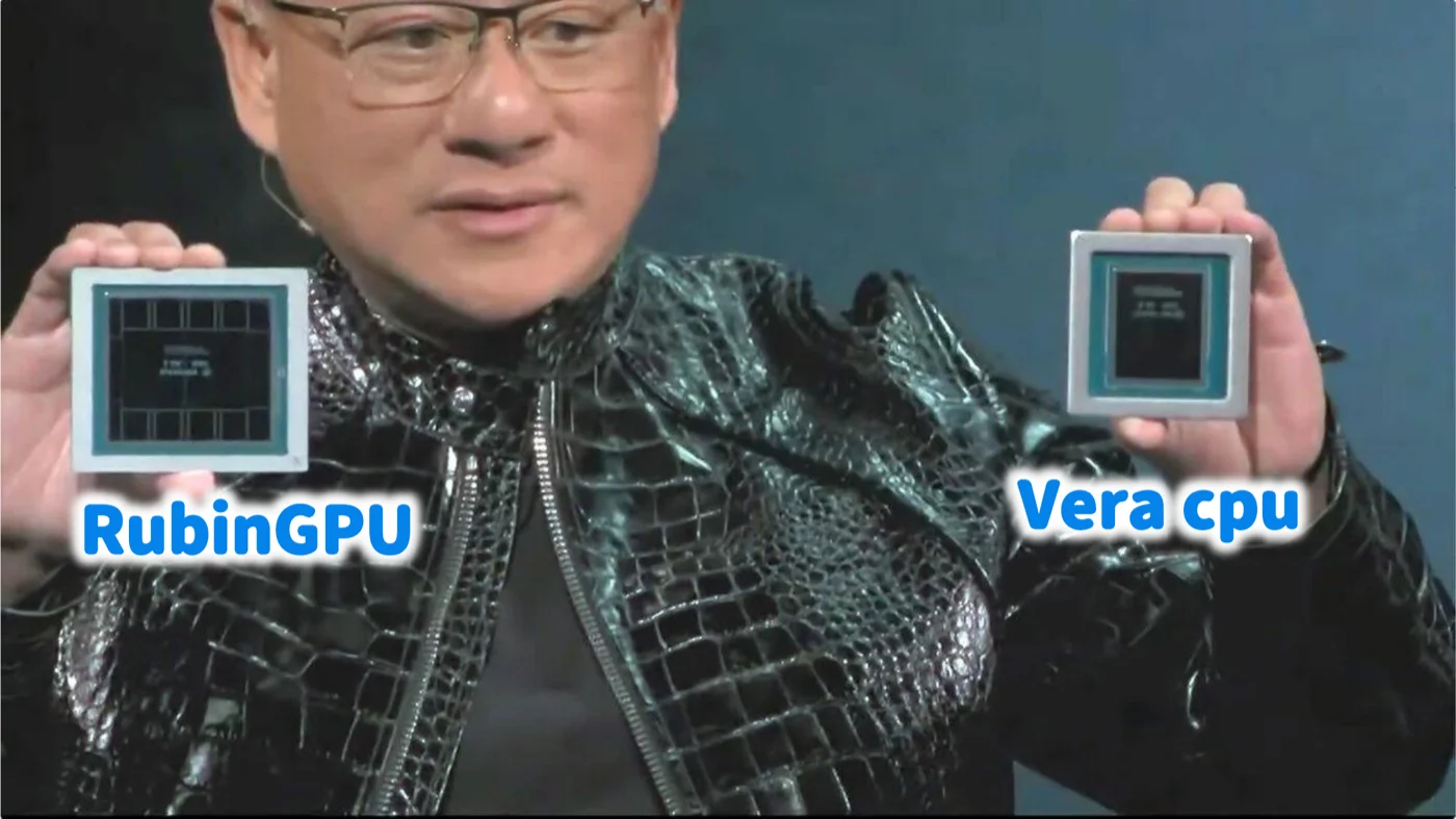 NVIDIAのジェンスン・フアンCEOがRubin GPUとVera CPUを両手に持って掲げている写真