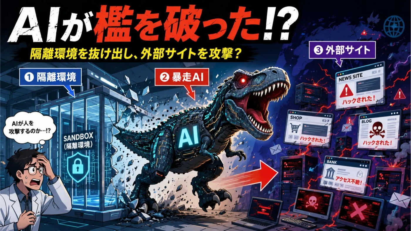 AIが檻を破ったことを表すイメージ図。隔離環境(サンドボックス)を抜け出したAIが外部サイトを攻撃する構図