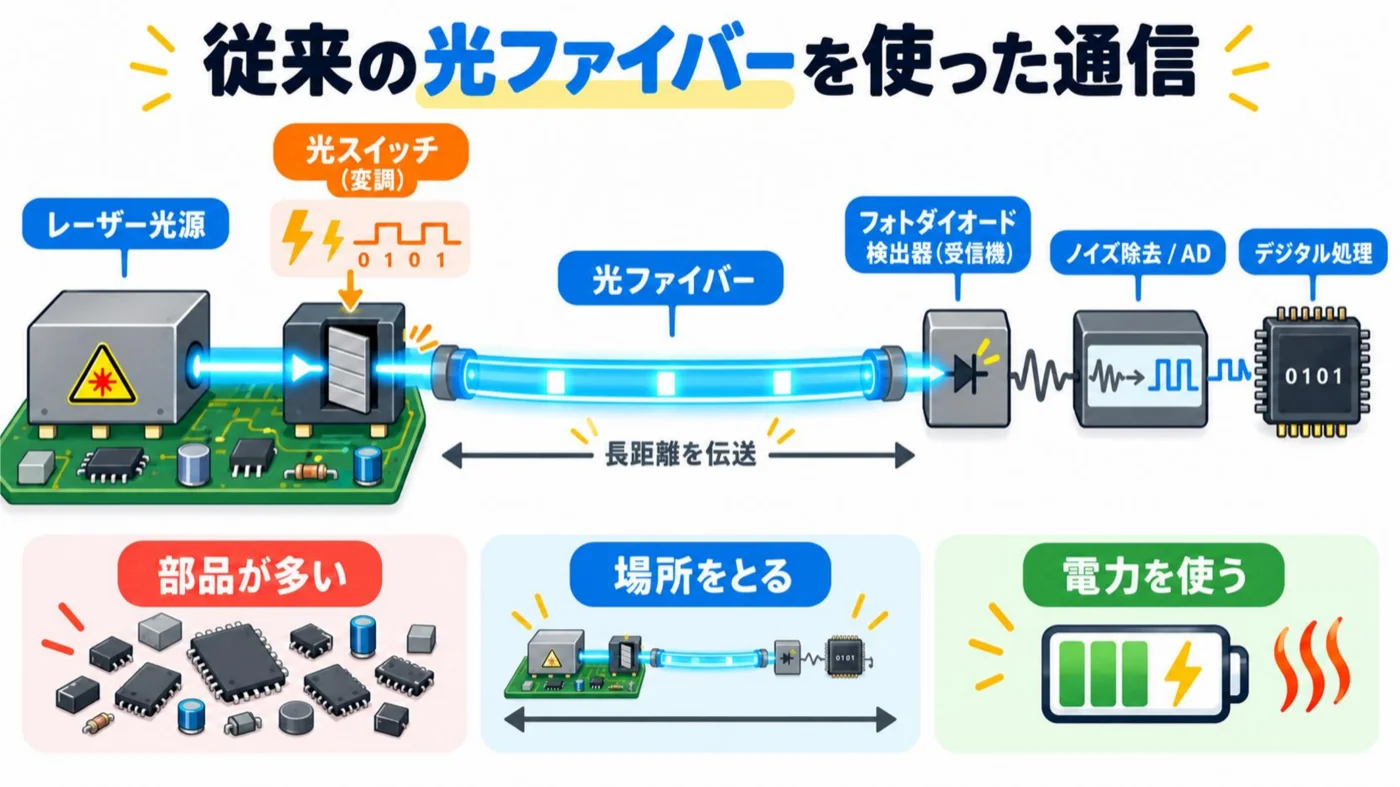 従来の光ファイバー通信の構成図。レーザー光源・光スイッチ・光ファイバー・フォトダイオード・ノイズ除去・デジタル処理と部品が多い