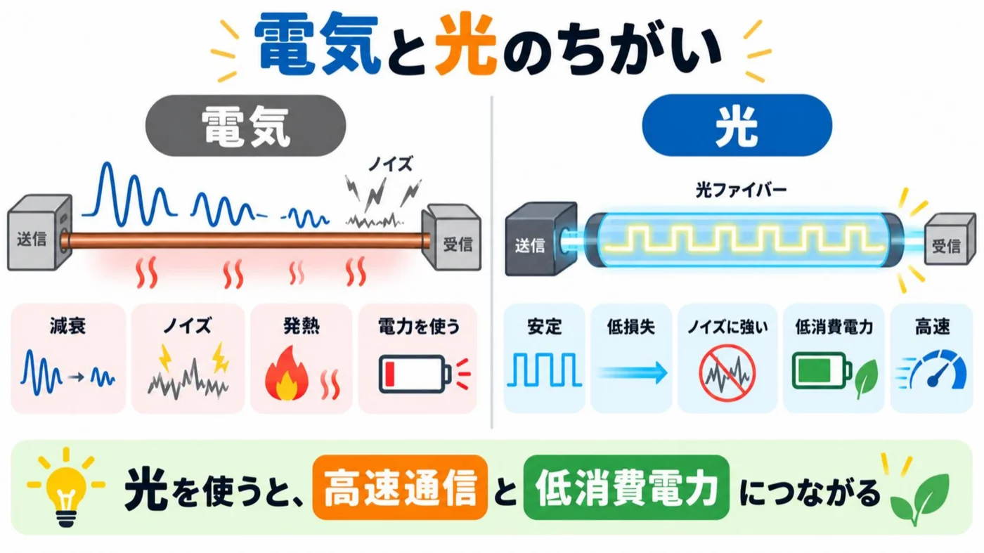 電気と光の違いの比較図。電気は減衰・ノイズ・発熱・電力を使う。光は安定・低損失・低消費電力・高速