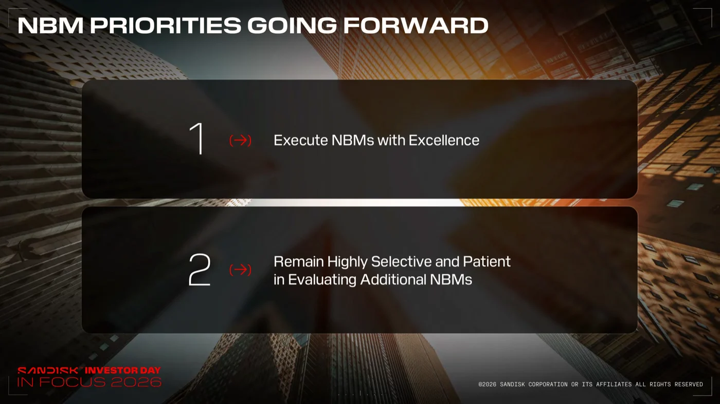 NBM Priorities Going Forwardのスライド。1. NBMを卓越した水準で実行する、2. 追加のNBMは厳選して忍耐強く評価する