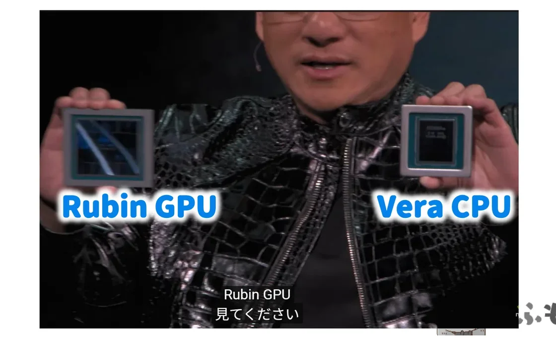 NVIDIAのフアンCEOがRubin GPUとVera CPUを両手に持って見せている