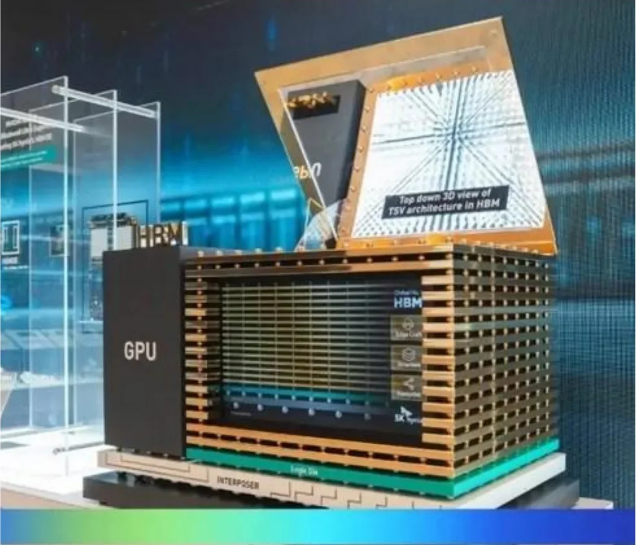 SK hynixのHBMの展示模型。GPUの横に、薄いチップを何層も積み重ねたHBMが載っている