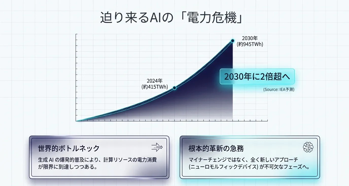 AIの電力危機を示すグラフ。データセンターの電力需要は2024年の約415TWhから2030年には約945TWhへ2倍超に増える見通し