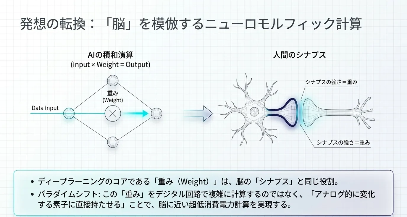 AIの積和演算(Input×Weight=Output)と人間のシナプスを対比した図。ディープラーニングの重みは脳のシナプスの強さと同じ役割を持つ