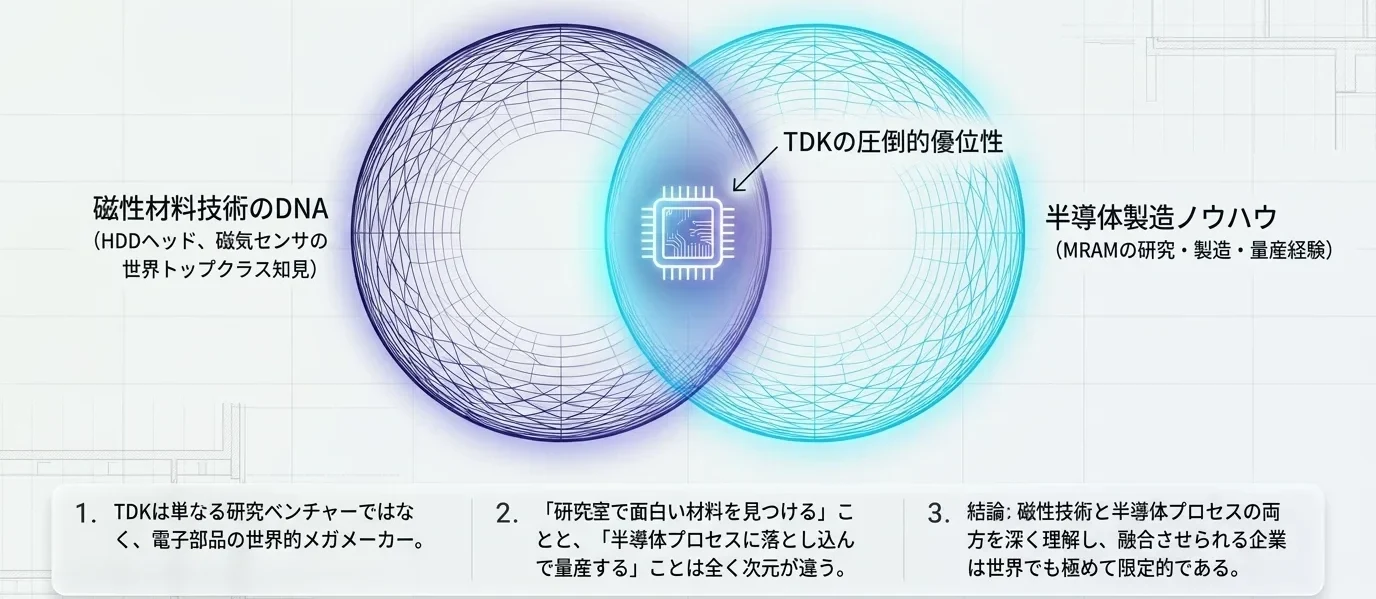 磁性材料技術のDNA(HDDヘッド・磁気センサ)と半導体製造ノウハウ(MRAMの研究・製造・量産経験)の重なりにTDKの優位性がある、という筆者の整理図