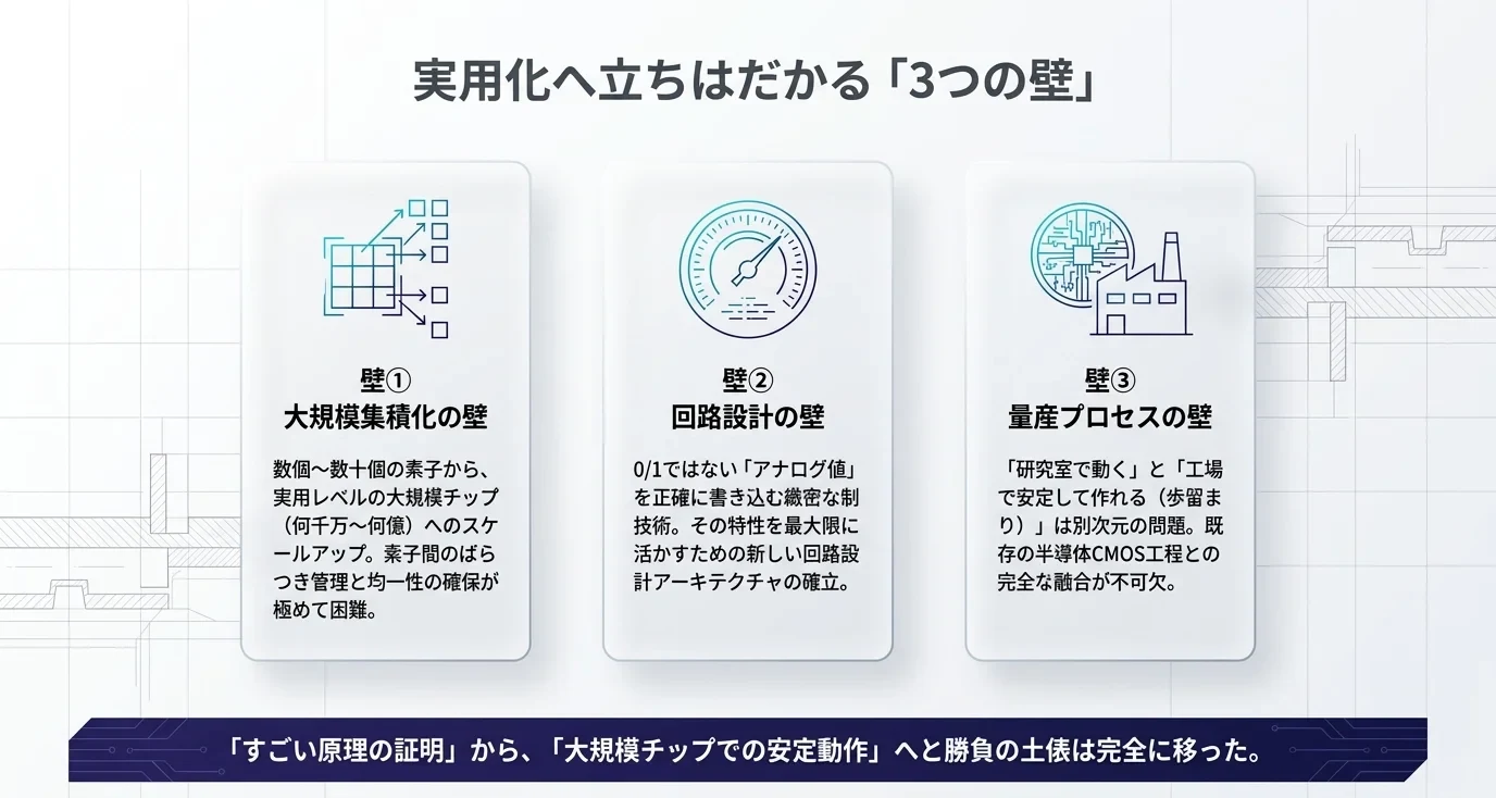 実用化へ立ちはだかる3つの壁の図。壁①大規模集積化の壁、壁②回路設計の壁、壁③量産プロセスの壁
