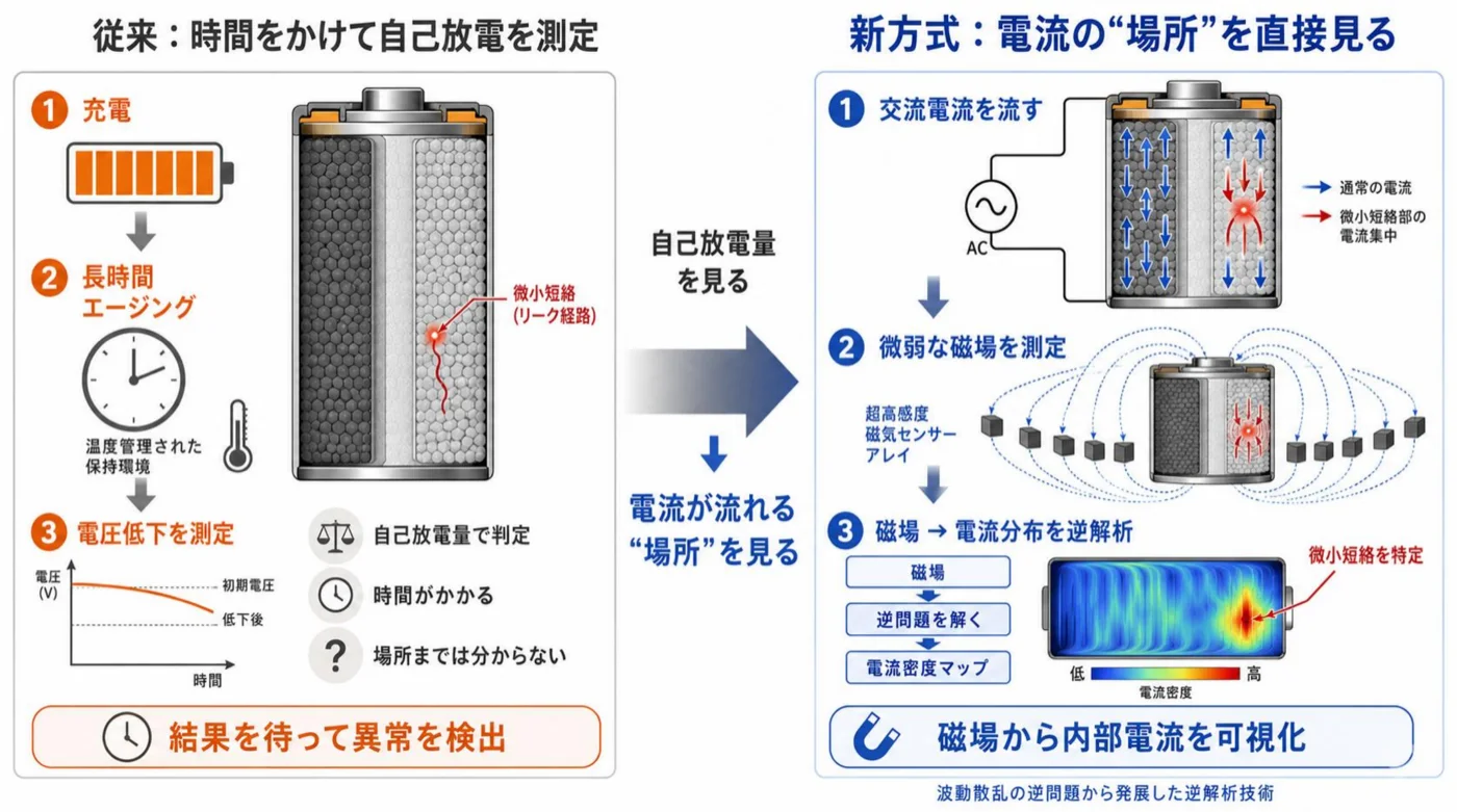 リチウムイオン電池検査の従来方式と新方式を比較した図。左は充電・長時間エージング・電圧低下の測定という従来手順、右は交流電流を流して微弱な磁場を超高感度磁気センサーアレイで測定し、逆解析で電流密度マップを作って微小短絡を特定する新方式