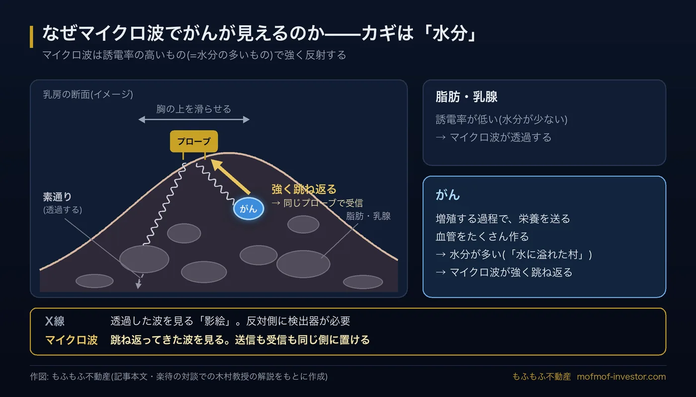 マイクロ波でがんが見える仕組みの図。乳房の断面で、胸の上を滑らせるプローブから出たマイクロ波が、誘電率の低い脂肪・乳腺は素通りし、血管が多く水分の多いがんで強く跳ね返って同じプローブに戻る様子