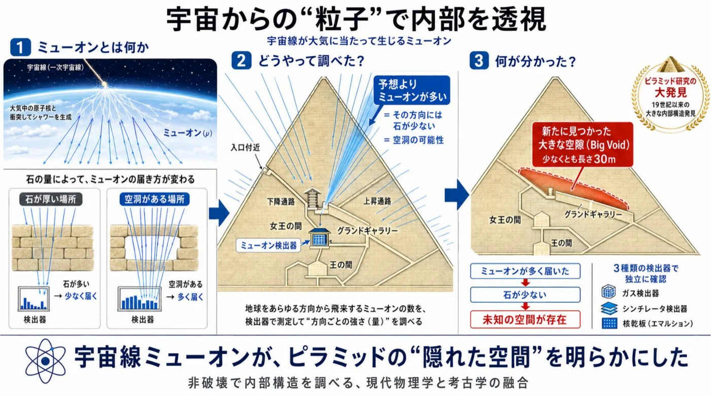 宇宙線ミューオンによるピラミッド透視の解説図。宇宙線が大気に当たって生じるミューオンの説明、ピラミッド内に置いた検出器で方向ごとのミューオン量を測る方法、長さ30m以上のBig Voidの発見という3段階