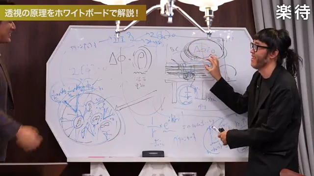 ホワイトボードに数式を書いて透視の原理を解説する木村建次郎教授