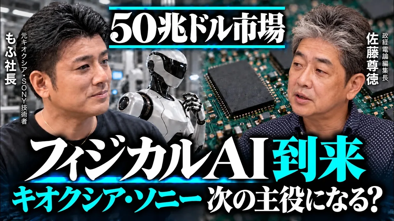 政経電論TVのサムネイル。「フィジカルAI到来 キオクシア・ソニー次の主役になる?」元キオクシア・SONY技術者 もふ社長と政経電論編集長 佐藤尊徳さん